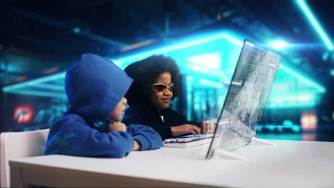 Boy and girl type hacking code on transparent screen, futuristic tech concept Stock Footage 288231256