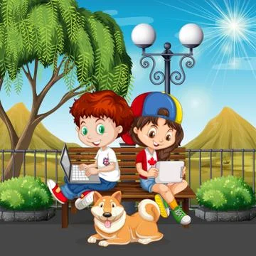 Boy and girl using computer in the park Stock Illustration