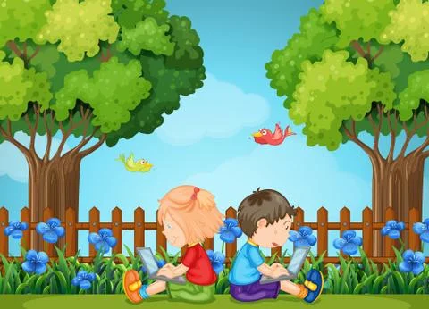 Boy and girl using computers in the park Stock Illustration