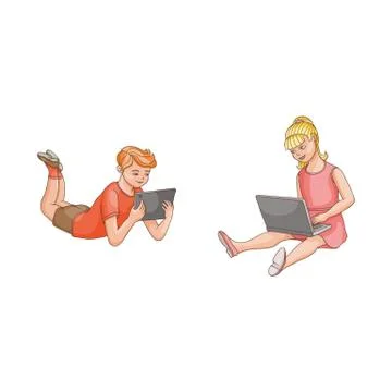 Boy and girl using gadgets, laptop and tablet Stock Illustration