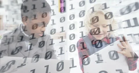 Boy and girl using tablets, starting binary overlay sweeping across frame for Stock Footage 334112316