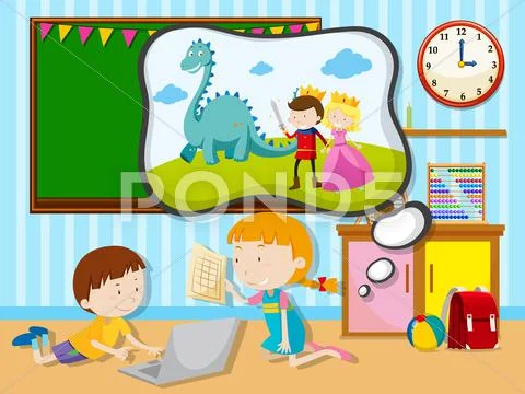 Boy and girl working in the classroom Stock Illustration