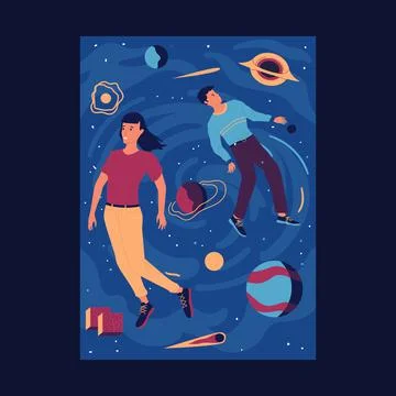 Boy and girl in zero gravity. Freedom concept. People in outer space. Cosmos Stock Illustration