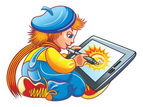 Boy and a graphics tablet. Blue and Yellow. Stock Illustration