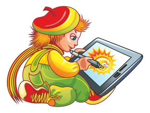 Boy and a graphics tablet. Green and Yellow. Stock-Illustration