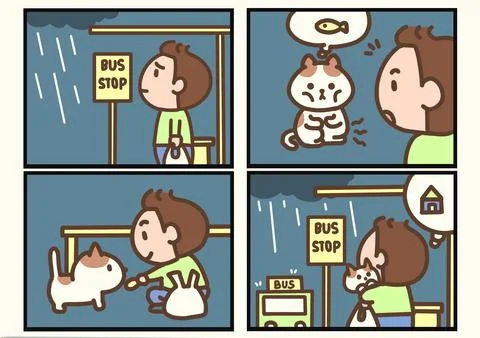The Boy and the Hungry Kitten A Four Panel Comic Strip Stock Illustration