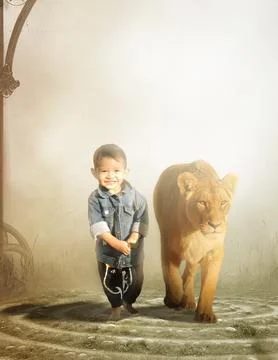 Boy and lion Stock Photos