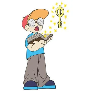 Boy and magic key in a book. kawaii doodle image. doodle icon image Stock Illustration