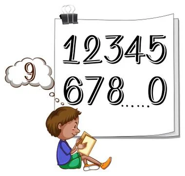 Boy and missing number on paper Stock Illustration