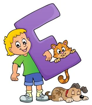Boy and pets with letter E Stock Illustration