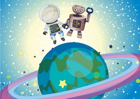A boy and a robbot in the outer space 스톡 일러스트