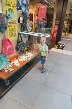 Boy and show-window Stock Photos