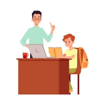 Boy and teacher at computer desk - cartoon pupil reading a book at home Illustrazione stock