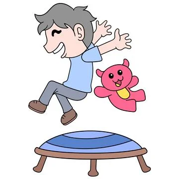 Boy and teddy bear jumping on trampoline when they are happy, doodle icon ima Illustrazione stock
