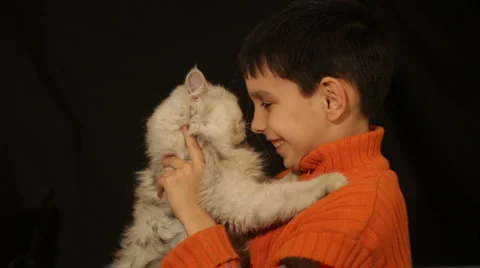 Boy and white cat Видео 905913