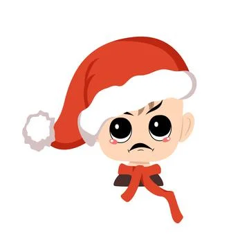 Boy with angry emotions, grumpy face, furious eyes in red Santa hat Stock Illustration