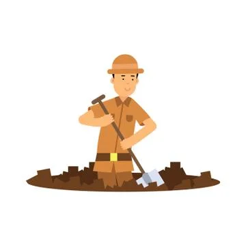 Boy archaeologist character digging pit with shovel Stock Illustration