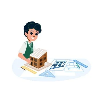 Boy architect designing a house model following blueprints Stock Illustration