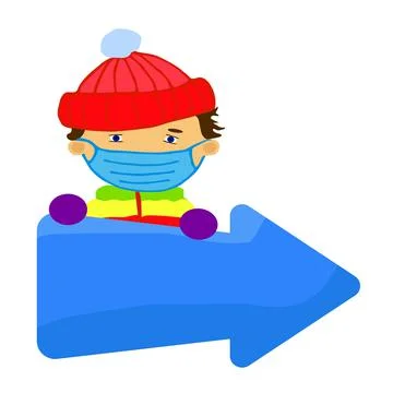 Boy with arrow pointer, medical mask, knitted hat Stock Illustration