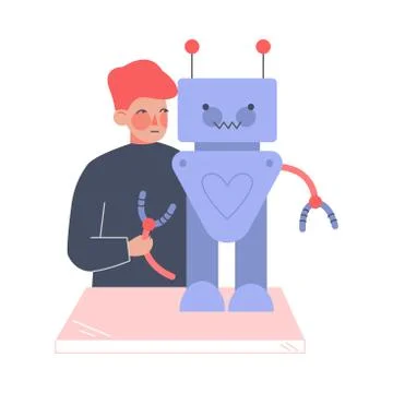 Boy Assembling and Programming Robot, Schoolboy Working on Future Technology 스톡 일러스트