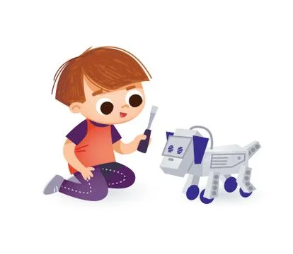 Boy assembling, building robot dog with screwdriver. Engineering for kids. Illustrazione stock