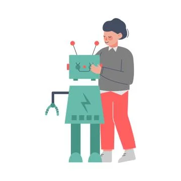 Boy Assembling Robot, Young Engineer Character Working on Future Technology Stock Illustration