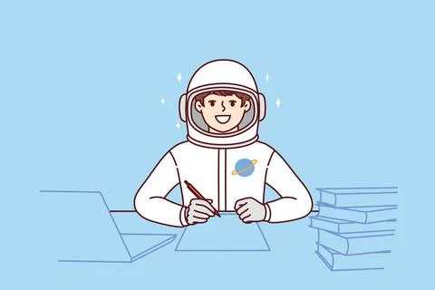 Boy astronaut does homework sitting at table with books, dressed in spacesuit Stock Illustration