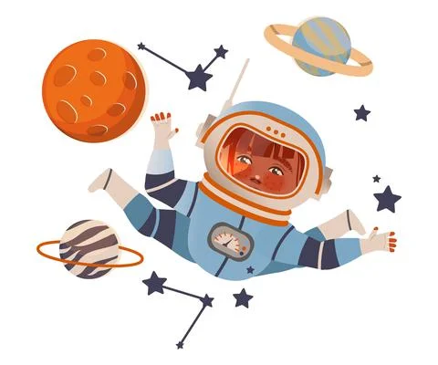 Boy astronaut flying in outer space. Design element can be used for children Stock Illustration