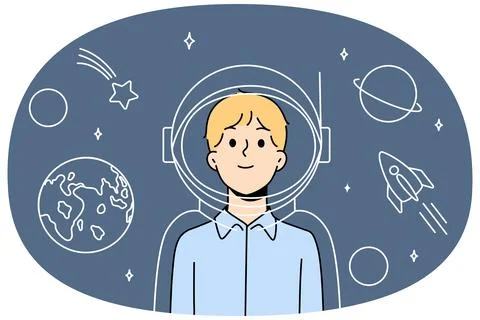 Boy astronaut in imaginary suit and spacesuit for space flights stands among Stock Illustration