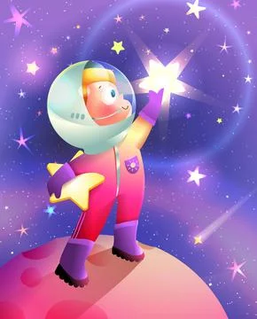 Boy Astronaut or Cosmonaut on Planet in Space Stock Illustration