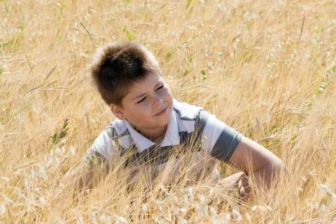 The Boy in the autumn field Stock Photos