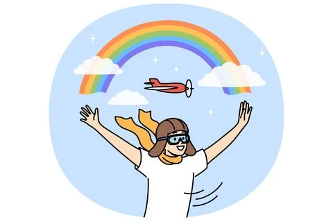Boy in aviator hat dreams of becoming pilot and working as aviator, standing 스톡 일러스트