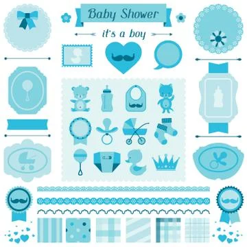 Boy baby shower set of elements for design Illustrazione stock
