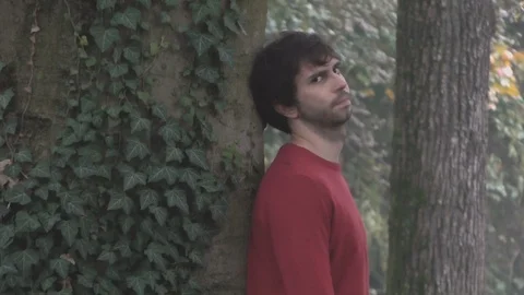 Boy with Back against Tree Stock Footage 87203336
