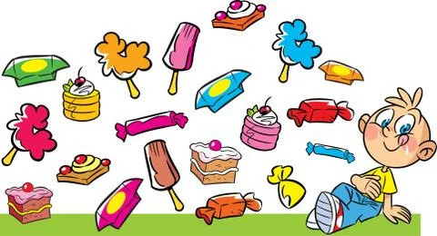 Boy on a background of different chocolates, sweets and baking Stock Illustration