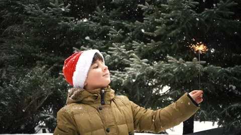 A boy on a background of falling snowflakes looks at a sparkler fire Stock Footage 88434286