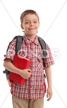 Boy with backpack and book Stock Photos