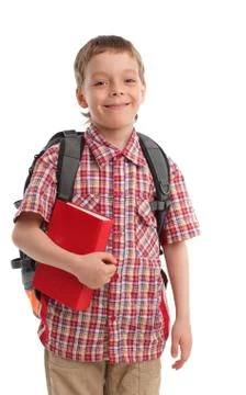Boy with backpack and book Stock Photos