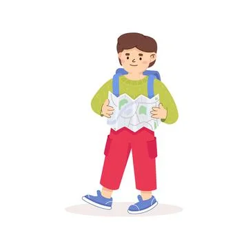 Boy with a backpack and map. Looking for a point on the map. Little traveler Stock Illustration