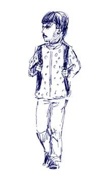 Boy with backpack, back to school, graphic black white drawing on white backg Stock Illustration