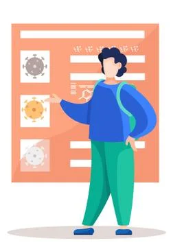 The boy with backpack explains the virus. Quarantine during epidemic. Student on Illustrazione stock