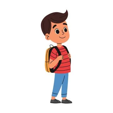 Boy with backpack goes to school. Back to school concept. Hand drawn illust.. Stock Illustration