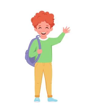 Boy with backpack going to the school. Boy smiling and waving hand. Stock Illustration