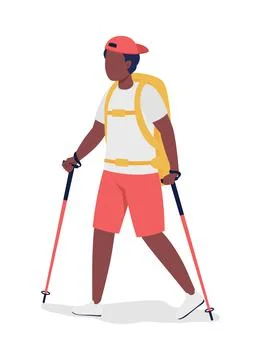 Boy with backpack hiking semi flat color vector character 스톡 일러스트