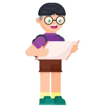 Boy with backpack looking at map. Illustrazione stock