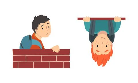 Boy with Backpack Looking Out From Brick Wall and Hanging Upside Down Vector Set Stock Illustration