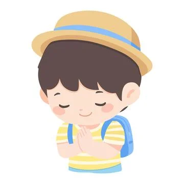 Boy with backpack praying with hands together Stock Illustration