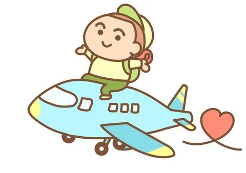 A boy with a backpack sits on the plane with a smile. Stock Illustration
