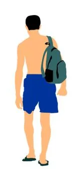 Boy with backpack walking to beach and sunbathing vector Stock Illustration