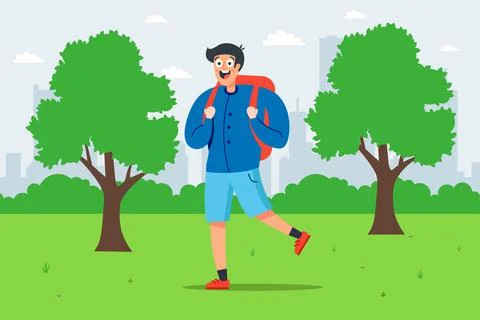 Boy with a backpack walks in a green park. Stock Illustration
